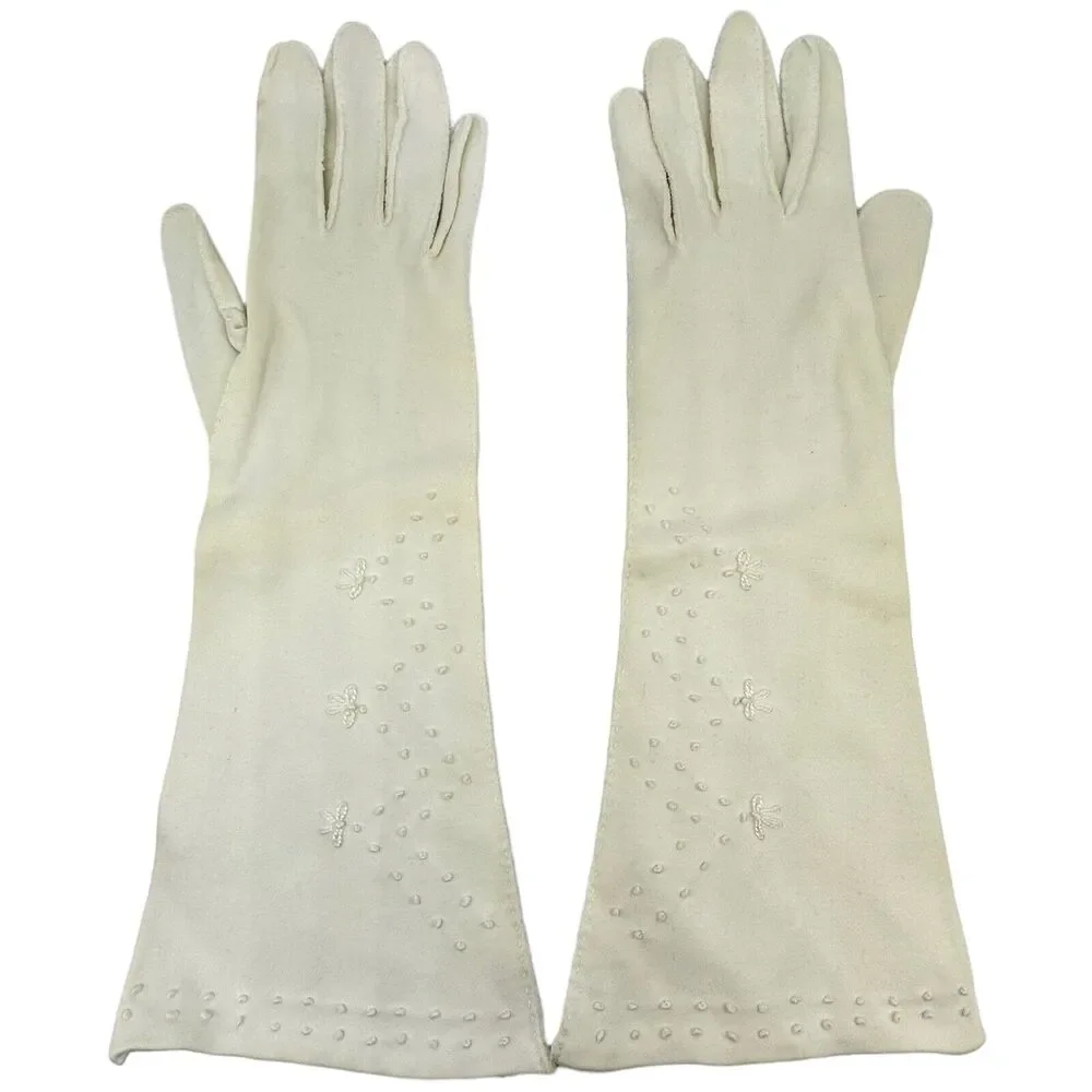 Vintage‎ Embroidered Cotton Gloves 13″ - Size 7½ Made in British Crown Colony